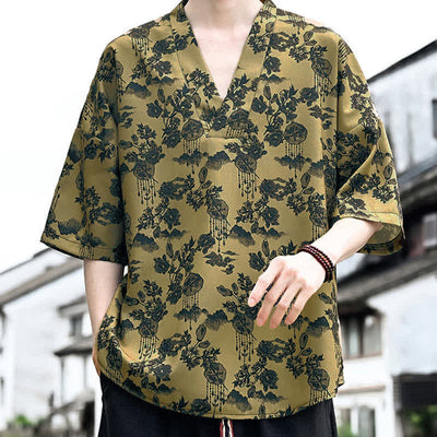 Buddha Stones Summer Casual Tang Style Floral V-Neck Men's Short Sleeve T-Shirts - image 12