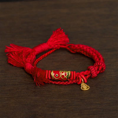 Buddha Stones Alloy Koi Fish Gourd Pendant Success Retro Double-Strand String Bracelet - red - image 4