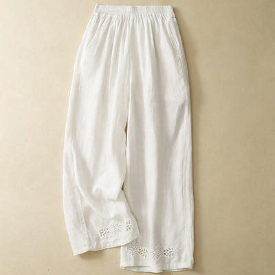 Buddha Stones Summer Casual Hollow Embroidery Hem Solid Ankle Pants Women's Harem Pants With Pocket - White - US8-10, UK/AU12-14, EU40-42 (2XL) - image 18