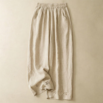 Buddha Stones Summer Casual Hollow Embroidery Hem Solid Ankle Pants Women's Harem Pants With Pocket - Beige - US8-10, UK/AU12-14, EU40-42 (2XL) - image 11