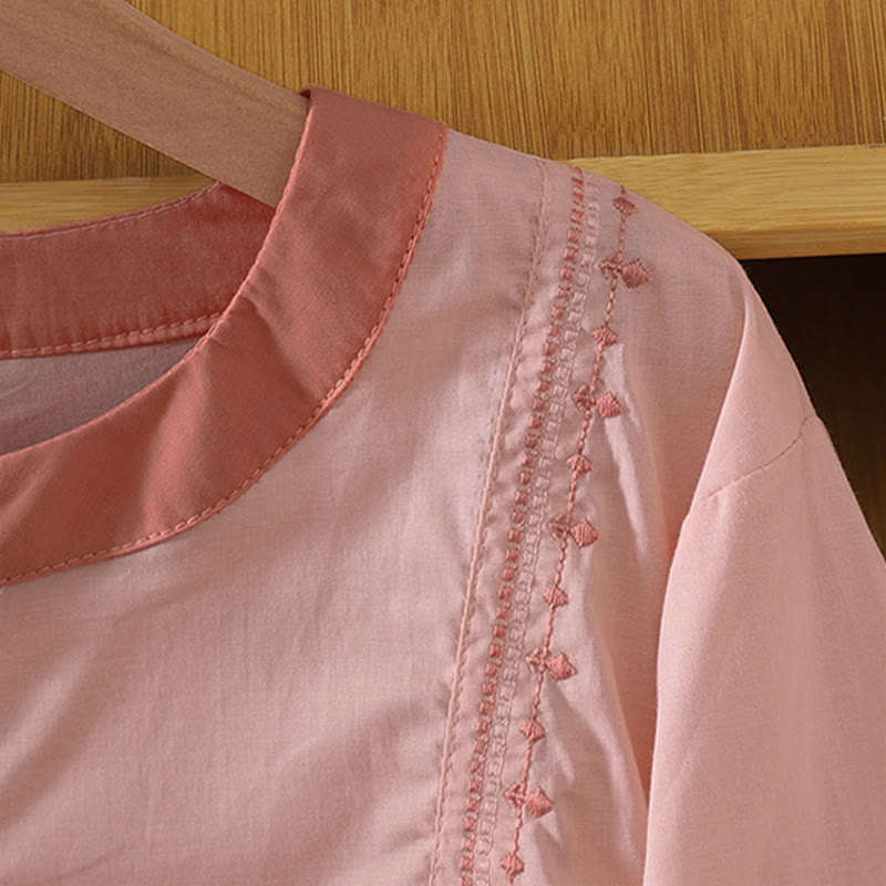 Buddha Stones Summer Casual Vintage Button-up Solid Decorative Seam  Women's Short Sleeve Shirts - image 3