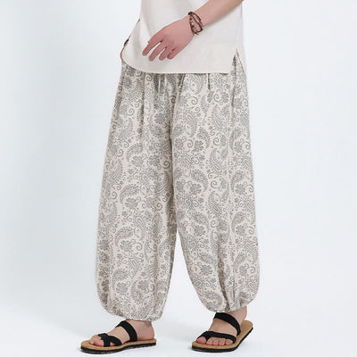 Buddha Stones Summer Boho Casual Drawstring Paisley Capri Pants Men's Harem Pants With Pocket - White - US/UK/AU46, EU56 (5XL) - image 21