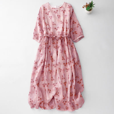 Buddha Stones Summer Casual Elegant Drawstring Floral Women's Elbow-Length Sleeve Dress With Pocket - Pink - US14, UK/AU18, EU46 (2XL) - image 0