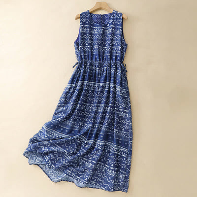 Buddha Stones Summer Boho Casual Blue wavy shape Geometric Women's Summer Sleeveless Dress With Pocket - DarkBlue - US12, UK/AU16, EU44 (2XL) - image 0