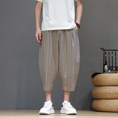 Buddha Stones Summer Casual Drawstring Striped Capri Pants Men's Harem Pants With Pocket - image 1