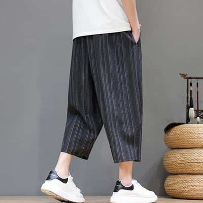 Buddha Stones Summer Casual Drawstring Striped Capri Pants Men's Harem Pants With Pocket - image 13