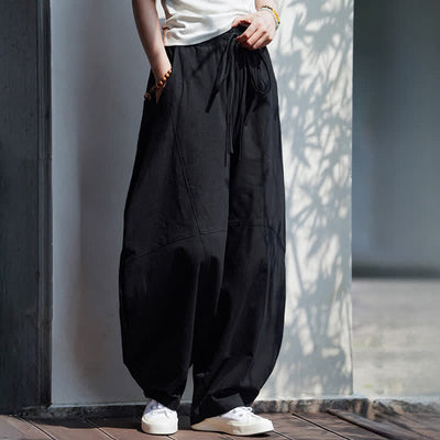 Buddha Stones Summer Casual Drawstring Solid Cotton Cropped Pants Men's Harem Pants With Pocket - image 14