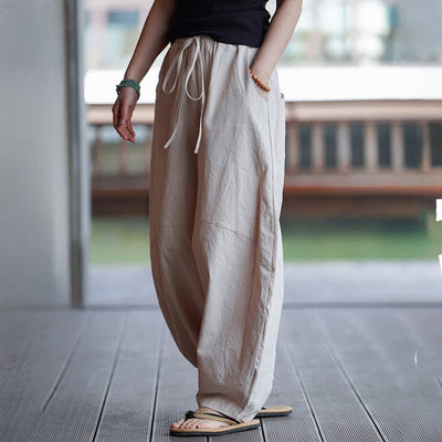 Buddha Stones Summer Casual Drawstring Solid Cotton Cropped Pants Men's Harem Pants With Pocket - image 24