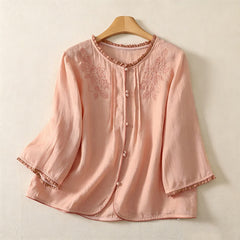 Buddha Stones Spring Summer Casual Elegant Embroidery Floral Leaves Button-Up Women's Long Sleeve Shirts - Moccasin - US12, UK/AU16, EU44 (3XL) - image 0