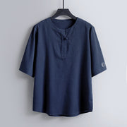 Foviel Summer Tang Style Casual Pankou Crew Neck Solid Men's Short Sleeve Shirts