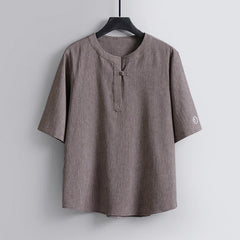 Buddha Stones Summer Tang Style Casual Pankou Crew Neck Solid Men's Short Sleeve Shirts - Tan - US/UK/AU54，EU64 (9XL) - image 0