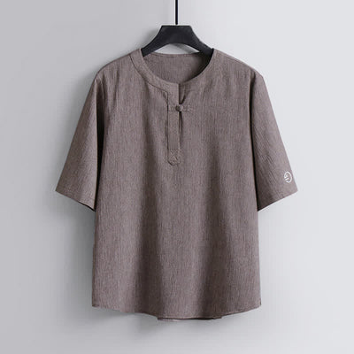 Buddha Stones Summer Tang Style Casual Pankou Crew Neck Solid Men's Short Sleeve Shirts - Tan - US/UK/AU54，EU64 (9XL) - image 0