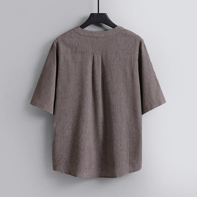 Buddha Stones Summer Tang Style Casual Pankou Crew Neck Solid Men's Short Sleeve Shirts - image 1