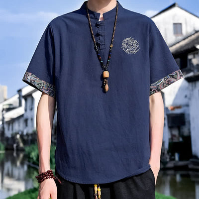 Buddha Stones Summer Tang Style Casual Frog Button Embroidery Men's Short Sleeve Shirts - DarkBlue - US/UK/AU46, EU56 (5XL) - image 13