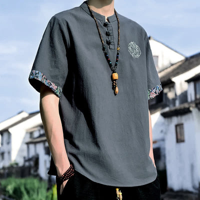 Buddha Stones Summer Tang Style Casual Frog Button Embroidery Men's Short Sleeve Shirts - image 5