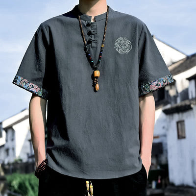 Buddha Stones Summer Tang Style Casual Frog Button Embroidery Men's Short Sleeve Shirts - DimGray - US/UK/AU46, EU56 (5XL) - image 1
