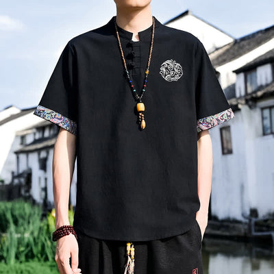 Buddha Stones Summer Tang Style Casual Frog Button Embroidery Men's Short Sleeve Shirts - image 7