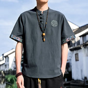 Foviel Summer Tang Style Casual Frog Button Embroidery Men's Short Sleeve Shirts