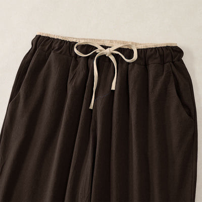 Buddha Stones Minimal Contrast Trim Pattern Cotton Linen Women's Elastic Waist Pants With Pockets - image 13