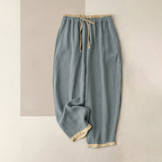 Foviel Minimal Contrast Trim Pattern Cotton Linen Women's Elastic Waist Pants With Pockets