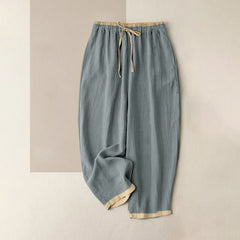 Buddha Stones Minimal Contrast Trim Pattern Cotton Linen Women's Elastic Waist Pants With Pockets - LightSteelBlue - US16，UK/AU20，EU48 (3XL) - image 0