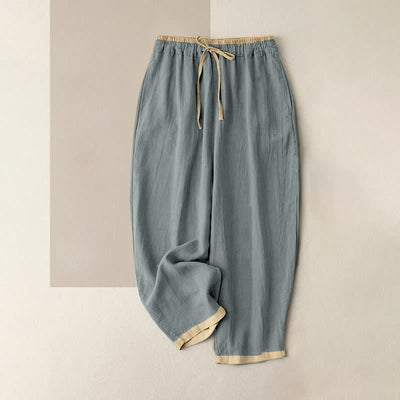Buddha Stones Minimal Contrast Trim Pattern Cotton Linen Women's Elastic Waist Pants With Pockets - LightSteelBlue - US16，UK/AU20，EU48 (3XL) - image 0