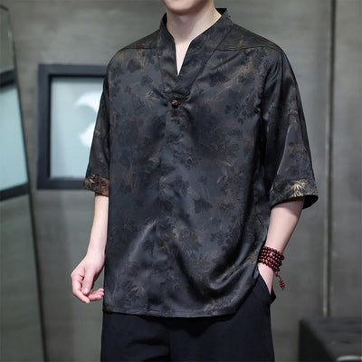 Buddha Stones Spring Summer Tang Style Casual Mandarin Collar Bamboo Butterfly Men's Short Sleeve Shirts - Sienna - US/UK/AU46，EU56 (5XL) - image 0