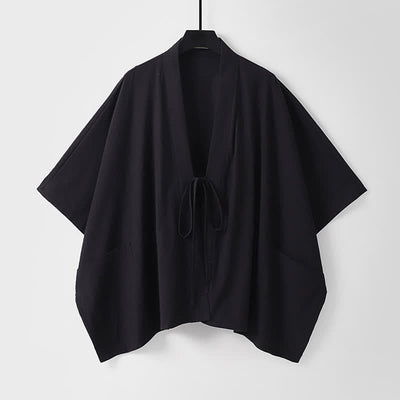 Buddha Stones Summer Minimalist Drawstring Lace-up Solid Short Sleeve Men's Kimono With Pockets - Black - US/UK/AU40, EU50 (L) - image 2