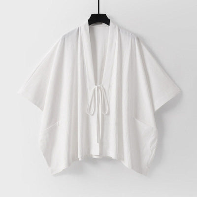 Buddha Stones Summer Minimalist Drawstring Lace-up Solid Short Sleeve Men's Kimono With Pockets - White - US/UK/AU40, EU50 (L) - image 13