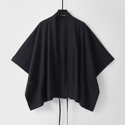 Buddha Stones Summer Minimalist Drawstring Lace-up Solid Short Sleeve Men's Kimono With Pockets - image 3
