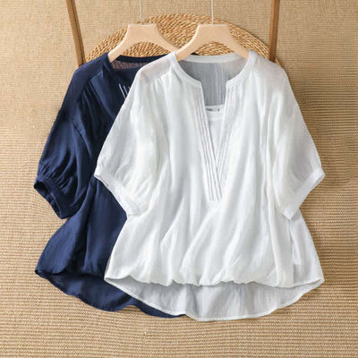 Buddha Stones Summer Casual Simple Solid V-Neck Lines Women's Short Sleeve T-Shirts - image 11