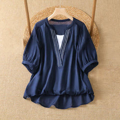 Buddha Stones Summer Casual Simple Solid V-Neck Lines Women's Short Sleeve T-Shirts - Navy - US8-10, UK/AU12-14, EU40-42 (2XL) - image 0