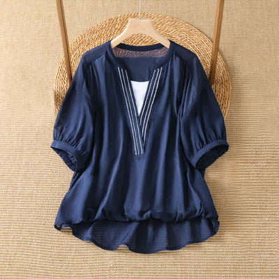 Buddha Stones Summer Casual Simple Solid V-Neck Lines Women's Short Sleeve T-Shirts - Navy - US8-10, UK/AU12-14, EU40-42 (2XL) - image 0