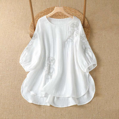 Buddha Stones Summer Casual Elegant Embroidery White Floral Crew Neck Women's Long Sleeve T-Shirt - White - US14, UK/AU18, EU46 (2XL) - image 6