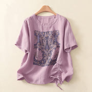Foviel Summer Casual Vintage Drawstring Abstract Flowers Print Women's Short Sleeve T-Shirts