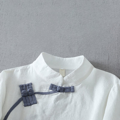 Buddha Stones Summer Tang Style Minimalist Mandarin Collar Frog Button Solid Women's Short Sleeve Shirts - image 9