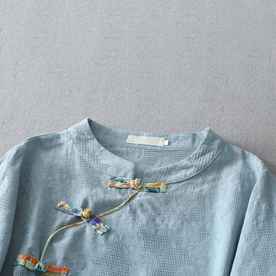 Buddha Stones Summer Tang Style Casual Frog Button Solid Women's Elbow-Length Sleeve Shirts - image 5