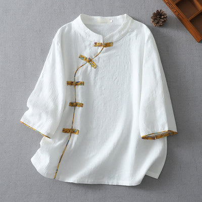 Buddha Stones Summer Tang Style Casual Frog Button Solid Women's Elbow-Length Sleeve Shirts - White - US8-10, UK/AU12-14, EU40-42 (2XL) - image 8