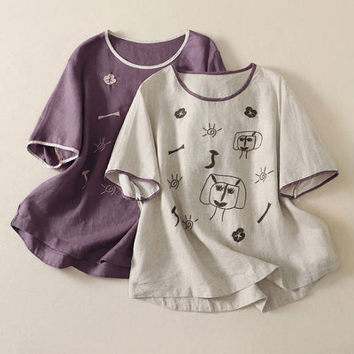 Buddha Stones Summer Casual Vintage Abstract Sun Flowers Character Embroidery Women's Short Sleeve T-Shirts - image 14