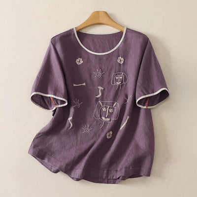Buddha Stones Summer Casual Vintage Abstract Sun Flowers Character Embroidery Women's Short Sleeve T-Shirts - Purple - US8-10, UK/AU12-14, EU40-42 (2XL) - image 0