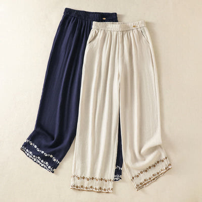 Buddha Stones Summer Casual Vintage Embroidery Floral Cropped Pants Women's Straight Leg Pants With Pocket - image 0