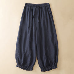 Buddha Stones Summer Casual Drawstring Solid Ruffle Hem Cropped Pants Women's Harem Pants With Pocket - Navy - US8-10, UK/AU12-14, EU40-42 (2XL) - image 0