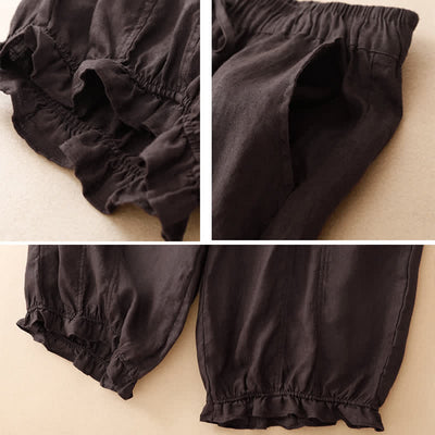 Buddha Stones Summer Casual Drawstring Solid Ruffle Hem Cropped Pants Women's Harem Pants With Pocket - image 5