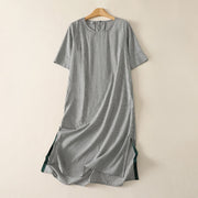 Foviel Summer Casual Simple Side Slit Striped Women's Short Sleeve Dresses With Pocket