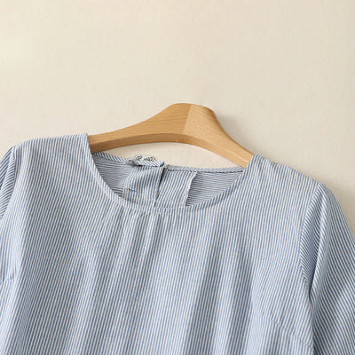 Buddha Stones Summer Casual Simple Side Slit Striped Women's Short Sleeve Dresses With Pocket - image 2