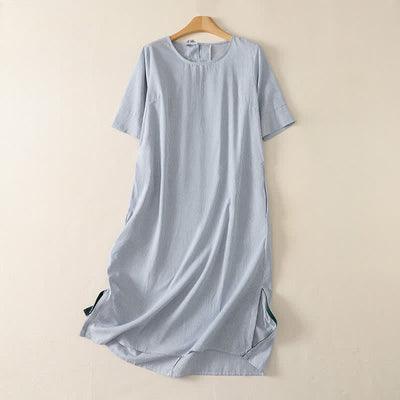 Buddha Stones Summer Casual Simple Side Slit Striped Women's Short Sleeve Dresses With Pocket - LightBlue - US14, UK/AU18, EU46 (2XL) - image 0