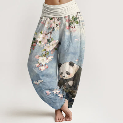 Buddha Stones Pure Cotton Cherry Blossom Panda Pattern Women's Elastic Waist Harem Pants - LightSteelBlue - US16，UK/AU20，EU48 (3XL) - image 0