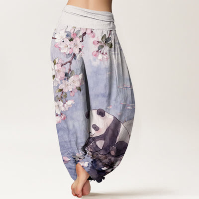 Buddha Stones Pure Cotton Cherry Blossom Panda Pattern Women's Elastic Waist Harem Pants - image 9