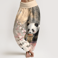 Buddha Stones Pure Cotton Panda Bamboo Blossom Pattern Women's Elastic Waist Harem Pants - Wheat - US16，UK/AU20，EU48 (3XL) - image 0