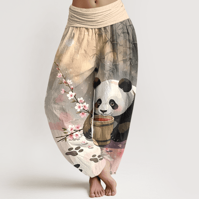 Buddha Stones Pure Cotton Panda Bamboo Blossom Pattern Women's Elastic Waist Harem Pants - Wheat - US16，UK/AU20，EU48 (3XL) - image 0